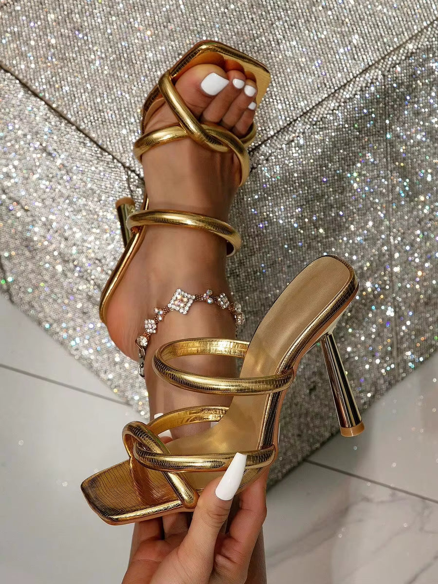 Women's Gold Pyramid Decor High Heel Mules, Gorgeous Party High Heel Sandals