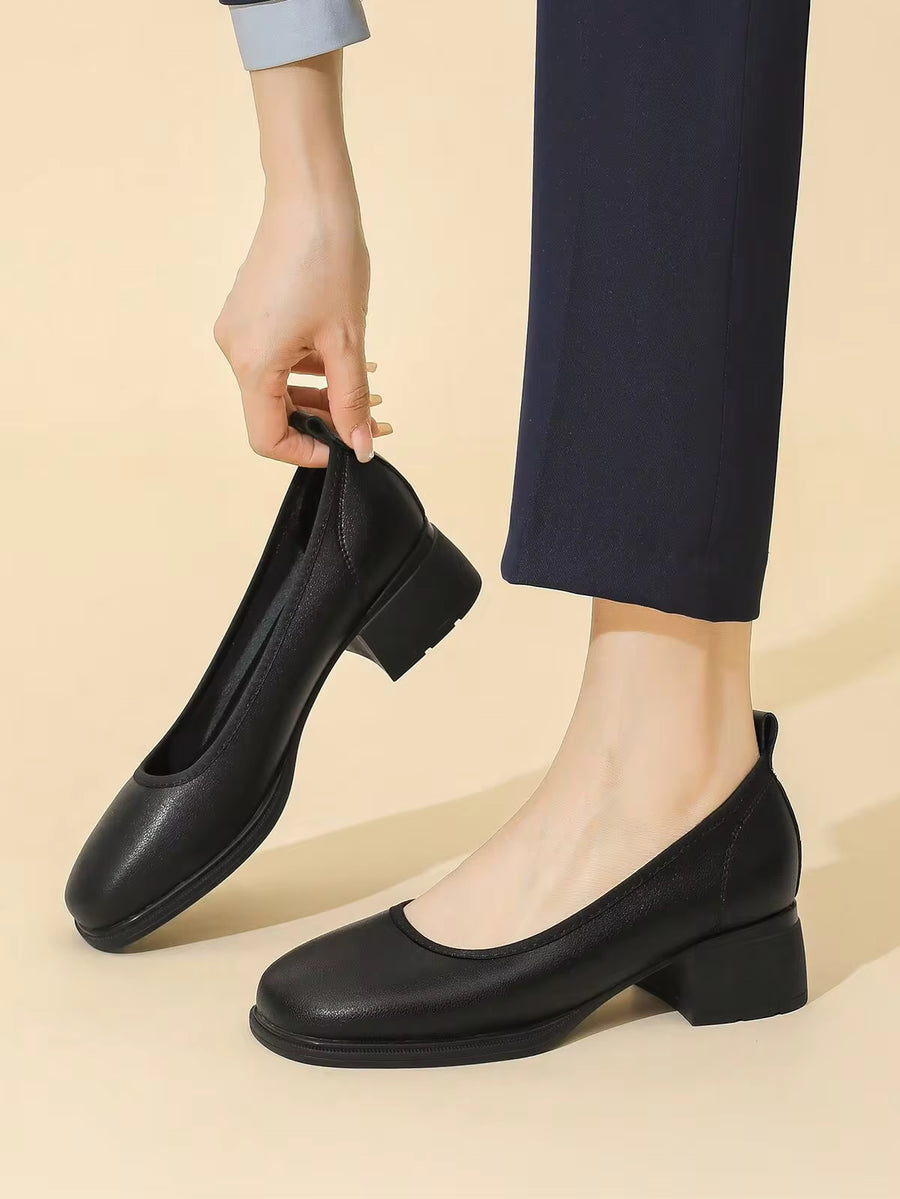 Women's Black Fashion Square Toe Wedge High Heel Shoes, Thick Heel Work Shoes, Casual Elegant Platform Loafers
