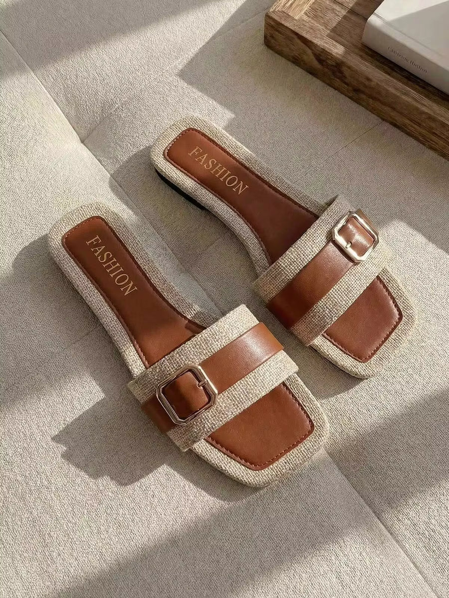 Resyla 1 Pair Vacation Style Color Block Slip-On Sandals, Women's Flat Square Toe Beach Slippers, Linen Pattern Slide Sandals, Versatile For Summer