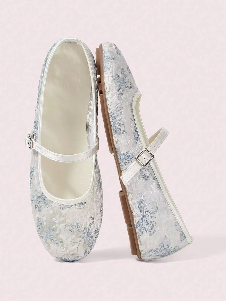 CUCCOO DOLLMOD Women's Shoes Fashion Round Toe Flower Embroidery Word With Mary Jane Flats Cute And Sweet